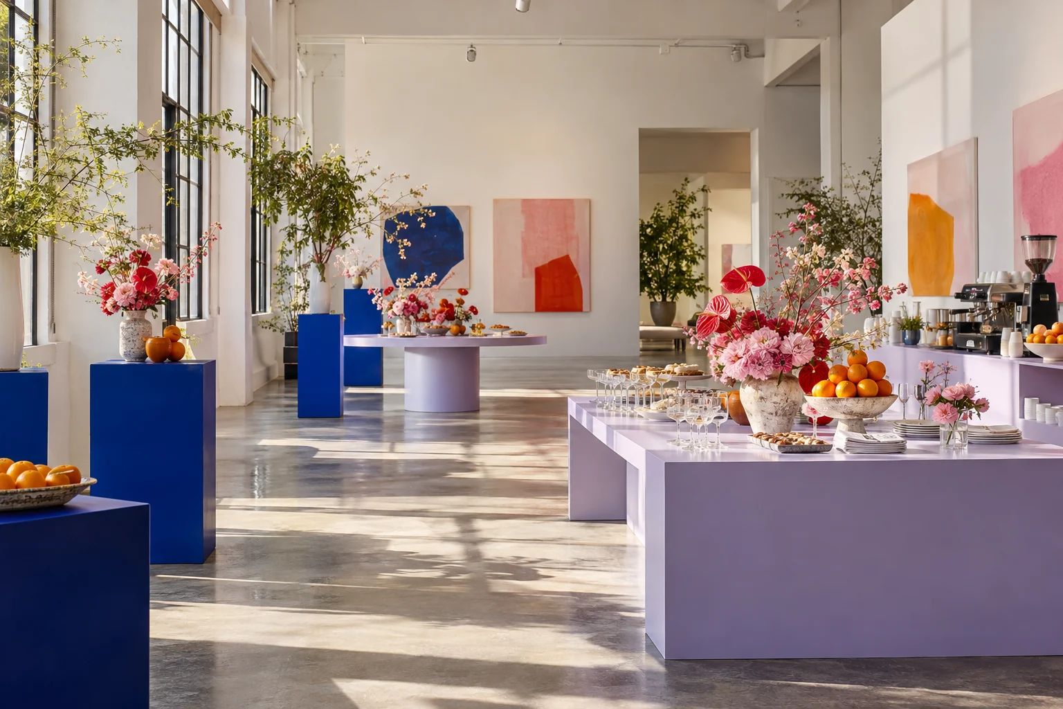 A brighter launch concept: a brand brunch with cobalt plinths and lilac tables in a gallery.