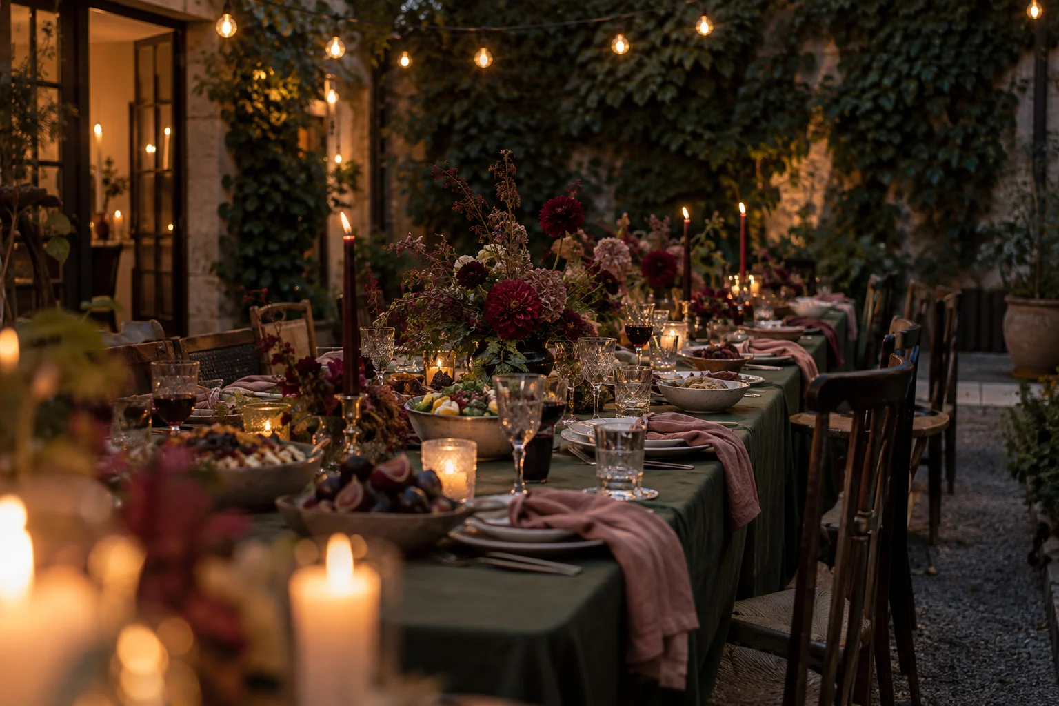 Under the ivy concept: a courtyard birthday supper with moss-green linen and candlelight.